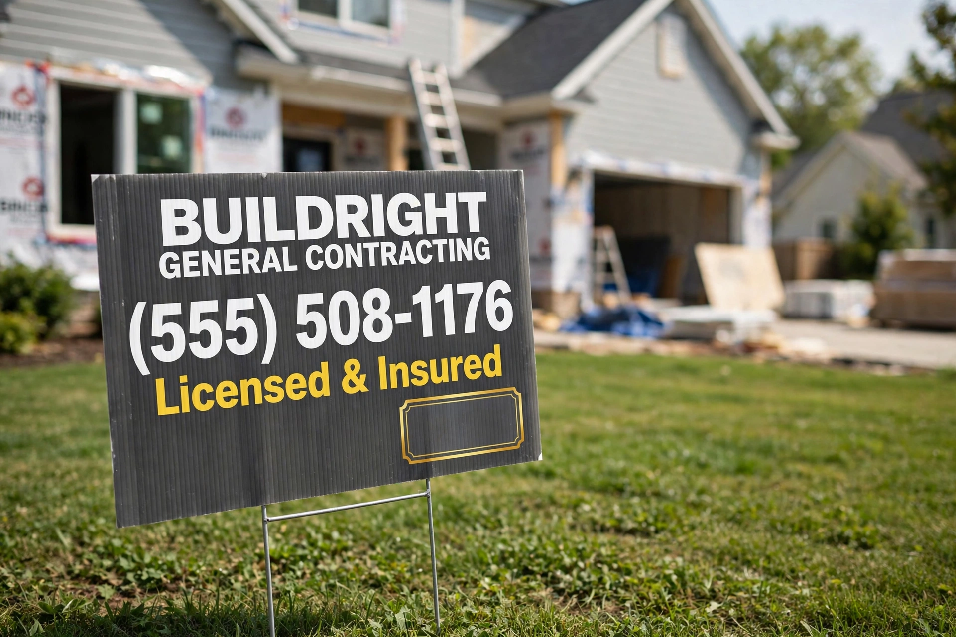 Sample yard sign for a general contracting company in a front yard