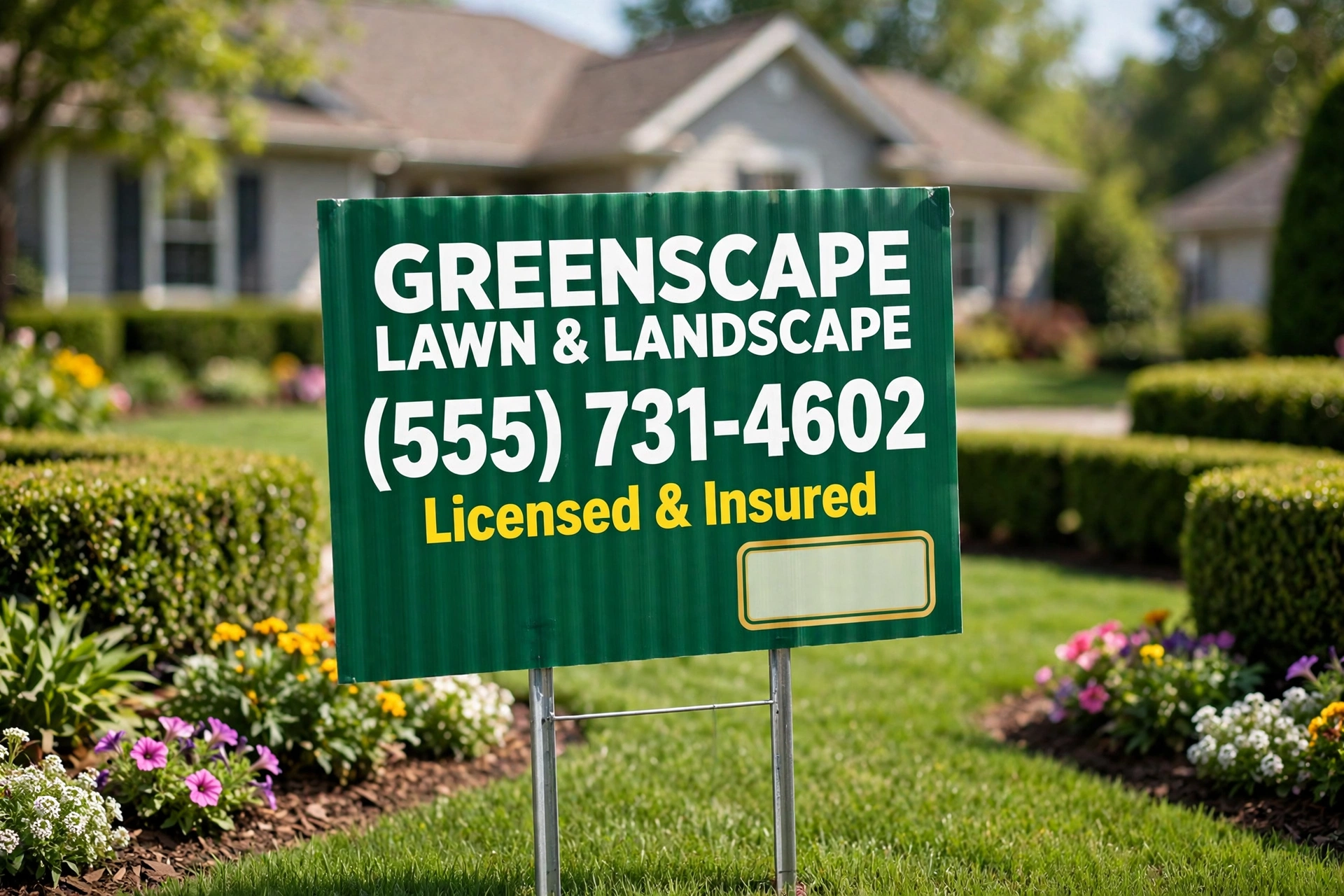 Sample yard sign for a landscaping company in a manicured front yard