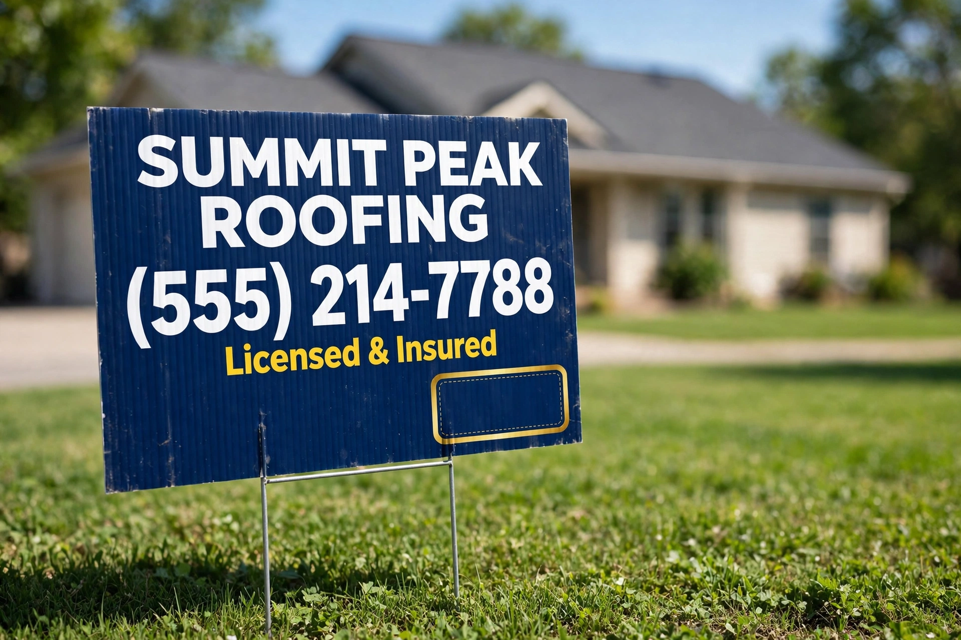 Sample yard sign for a roofing company in a suburban front yard