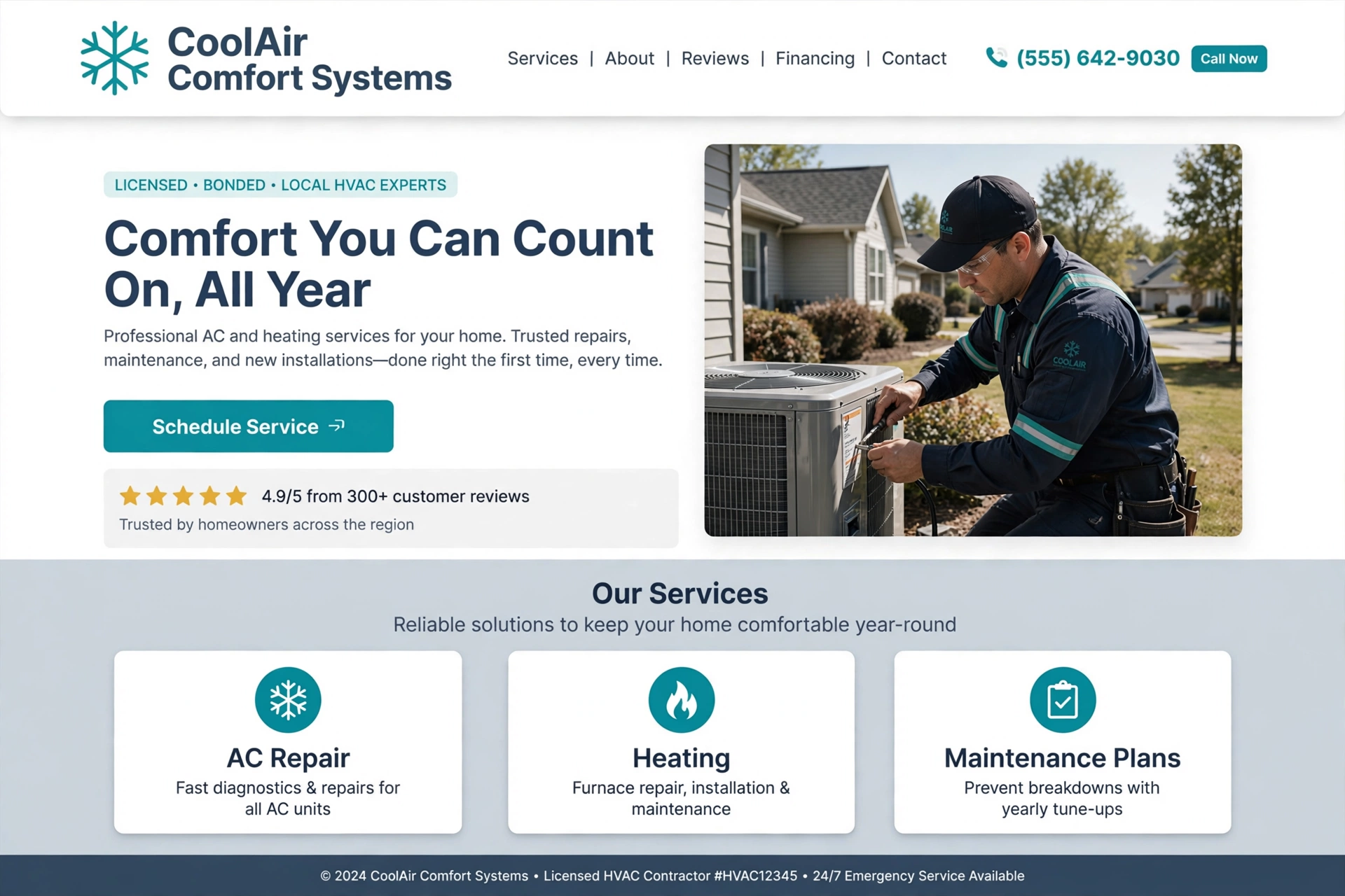 Sample website homepage for a fictional HVAC company — CoolAir Comfort Systems