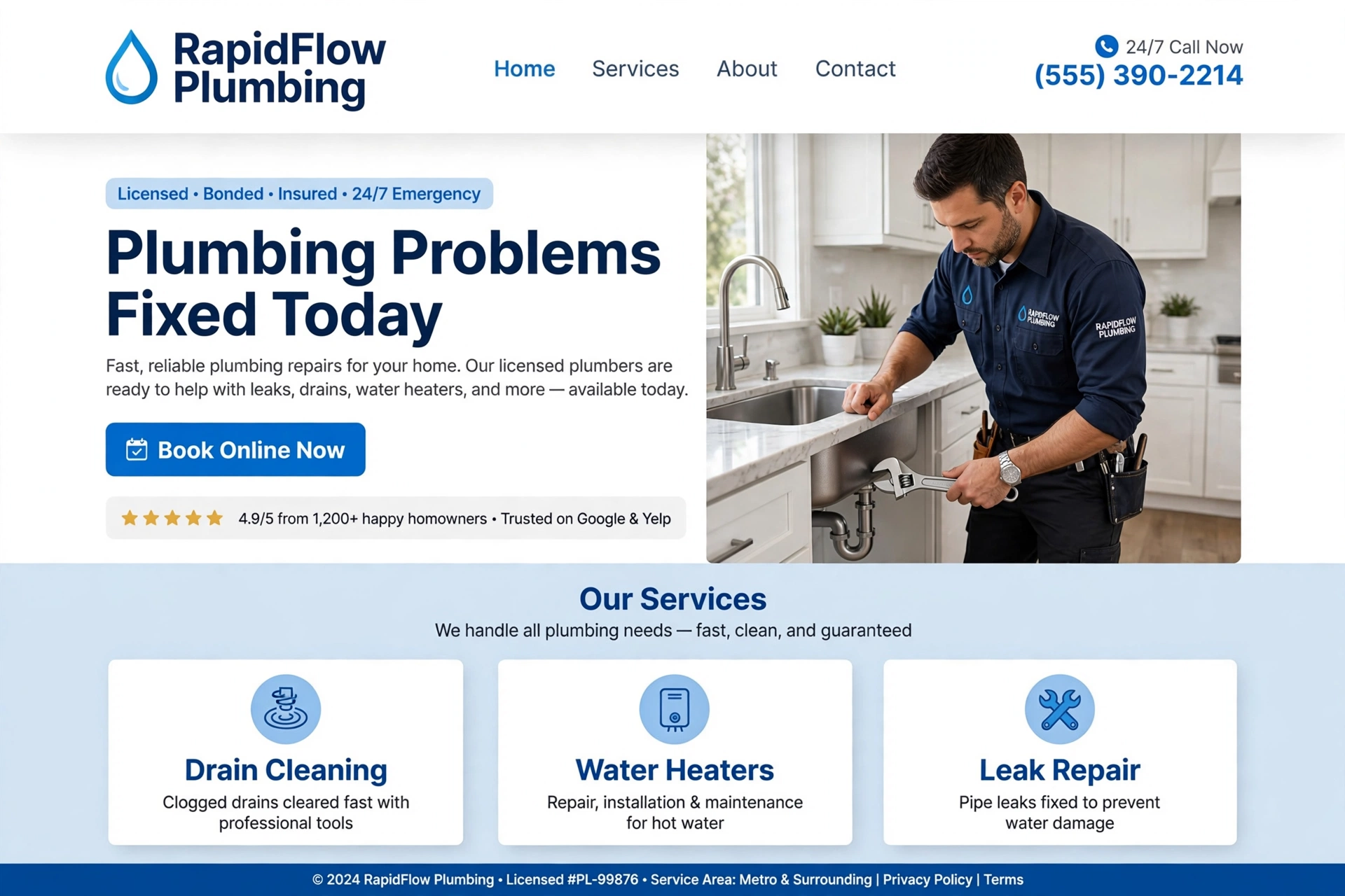 Sample website homepage for a fictional plumbing company — RapidFlow Plumbing