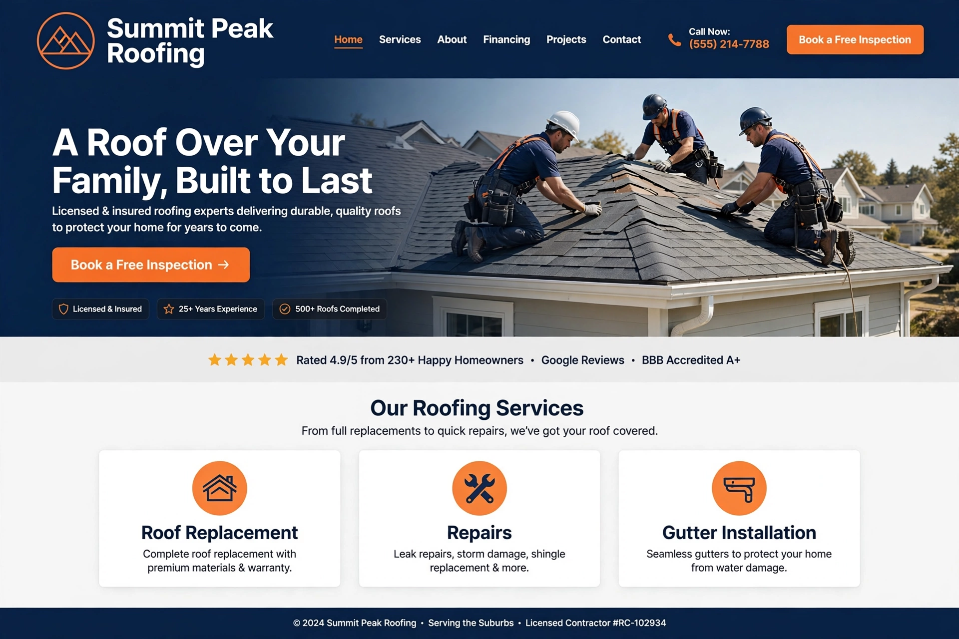 Sample website homepage for a fictional roofing company — Summit Peak Roofing